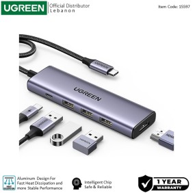 UGREEN 5-in-1 USB-C HUB Docking Station, 3x USB3.0 + 4K 60HZ HDMI + USB-C Power Delivery Port - CM511 15597