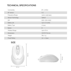 FANTECH W191S GO: Dual Mode Bluetooth & Wireless Mouse, Silent Click, Can connect to 2 devices simultaneously