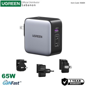 UGREEN 65W GaN Tech Travel Charger, EU, US, UK switchable plugs, 3 Ports, for Phones, Ipads, Laptops & MacBooks - CD296 90409