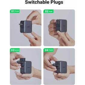 UGREEN 65W GaN Tech Travel Charger, EU, US, UK switchable plugs, 3 Ports, for Phones, Ipads, Laptops & MacBooks - CD296 90409