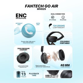 Fantech WH02s GO AIR: Bluetooth, Wireless Headphones, Built-in Microphone