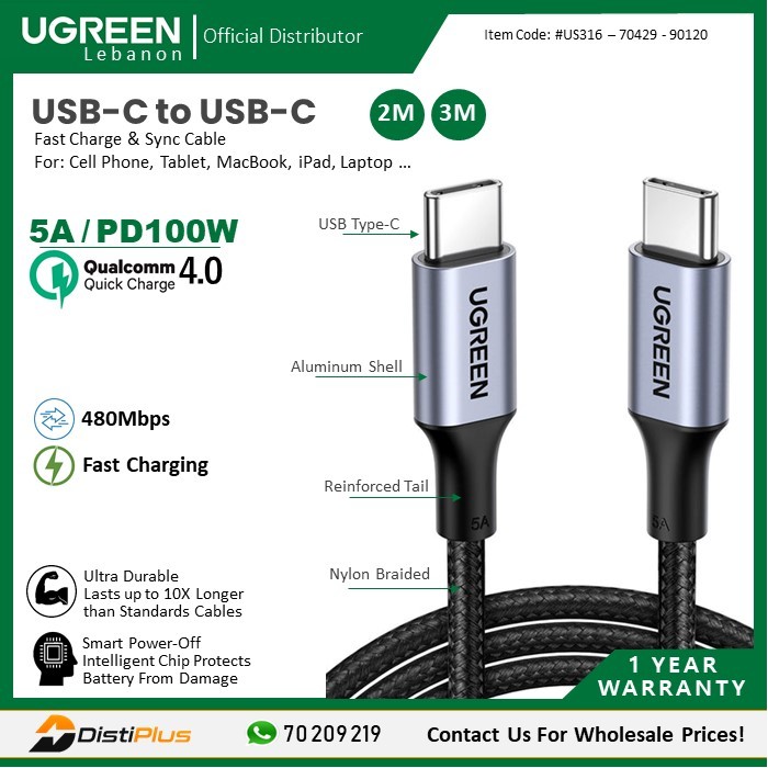 Ugreen USB Type C Cable USB A To USB C Fast Charger Nylon Braided