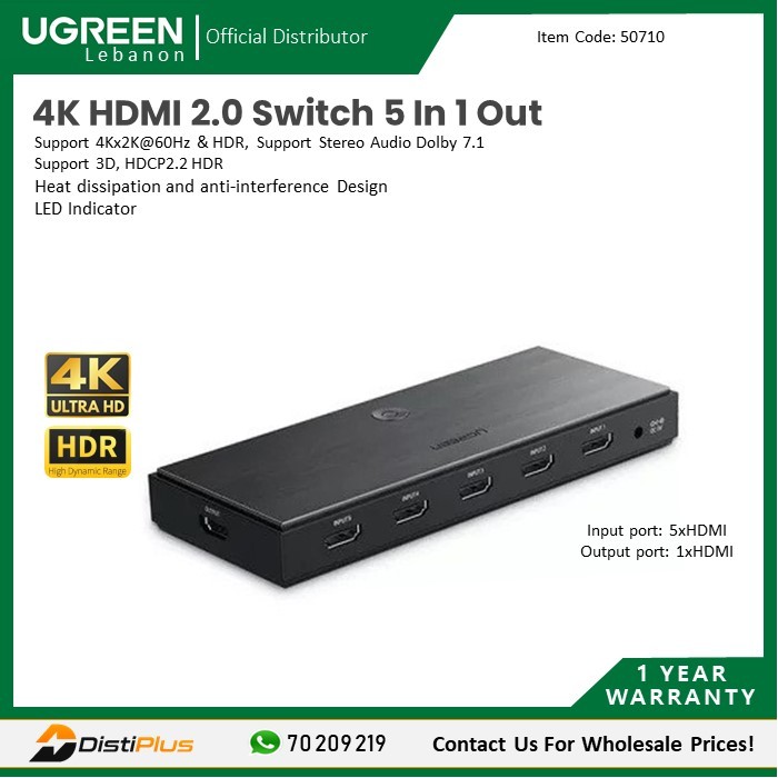 UGREEN HDMI Switch 5 in 1 Out 4K@60Hz, HDMI Splitter with Remote 5
