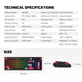 FANTECH MK918 ATOM PRO97, 3 Modes: Bluetooth, Wireless & Wired, Built-in Battery, Mechanical Gaming Keyboard