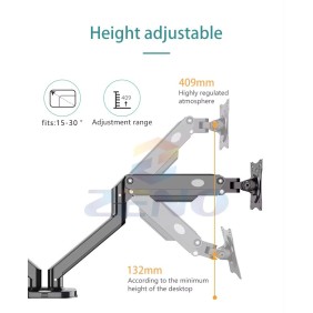 Kaloc DS200H2 Adjustable Dual Monitor Arm, Gas Spring Technology, Fits Screens 17 to 30 Inches and Laptops up to 17.3inch