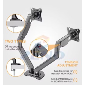 Kaloc DS200H2 Adjustable Dual Monitor Arm, Gas Spring Technology, Fits Screens 17 to 30 Inches and Laptops up to 17.3inch