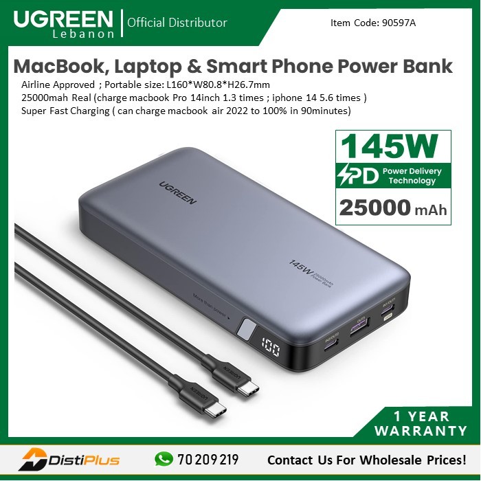 UGREEN 145W Power Bank 25000mAh Portable Charger, Nexode USB C 3-Port PD3.0  Battery Pack Digital Display, Compatible with MacBook Pro, Laptop, iPhone