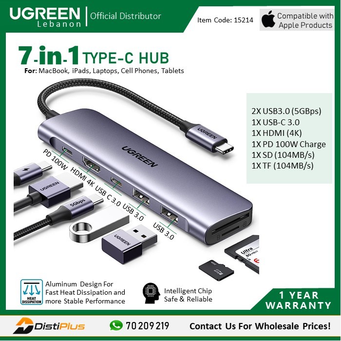 UGREEN 7-in-1 USB-C HUB Docking Station Adapter, 15214, AYOUB COMPUTERS