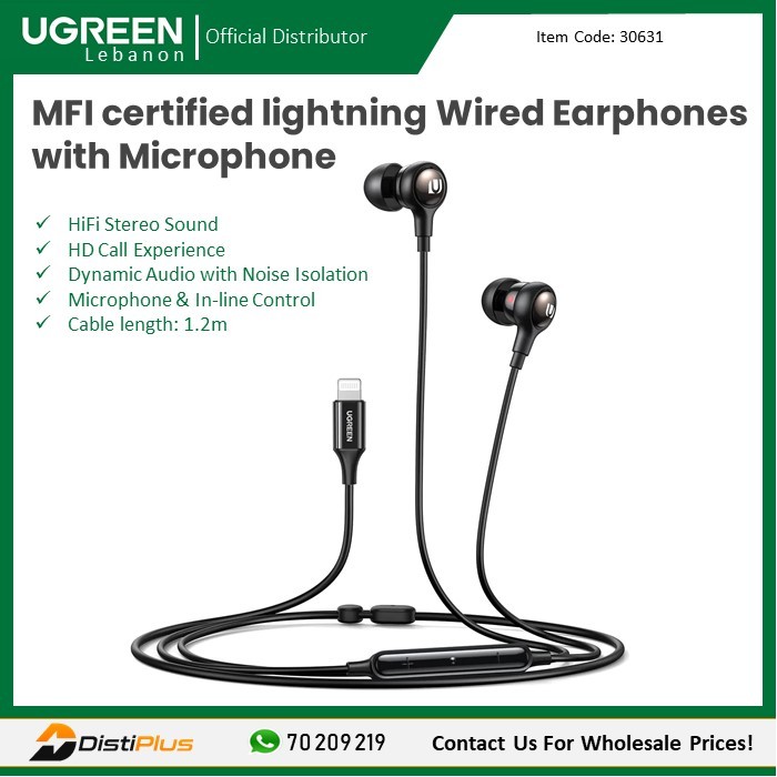MFI certified lightning Wired Earphones with Microphone, Noise Isolation,  Powerful Bass UGREEN EP103-30631