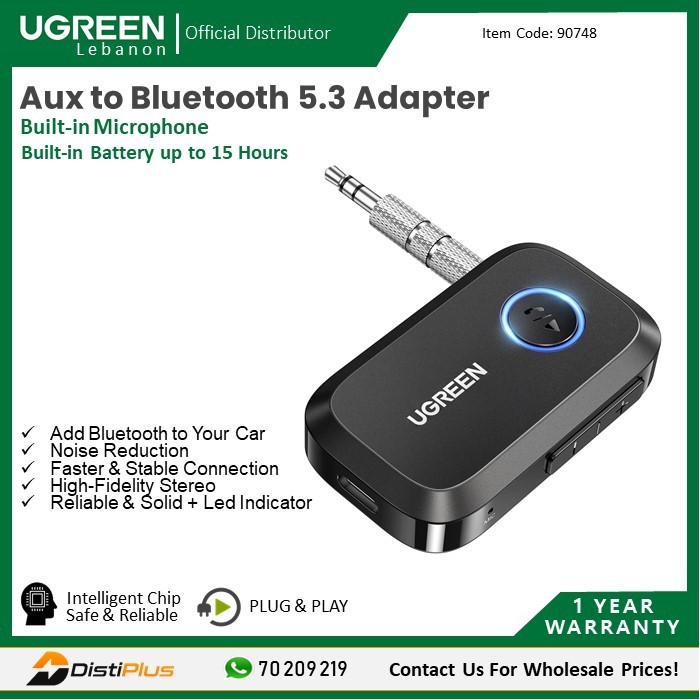 Car & Home Bluetooth 5.0 Receiver Audio AdaptEr, Built-In Microphone,  Built-in Battery up to 15 Hours UGREEN CM596- 90748