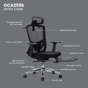 Fantech OC-A259s: Ultimate Comfort & Heavy-Duty Chair with Lumbar Support, Retractable Leg Rest, Metal Base, 2D Armrest