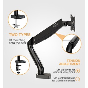 Kaloc Adjustable Single Monitor Arm with Internal Gas Spring technology for Easy Adjustment, for Screens 17 to 32 Inches