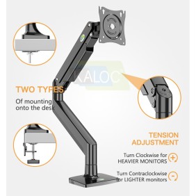 Kaloc DS160-B Adjustable Single Monitor Arm with Internal Gas Spring technology for Easy Adjustment, for Screens 22 to 40 Inches