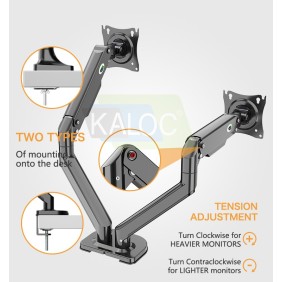 Kaloc DS2002B Adjustable Dual Monitor Arm with Internal Gas Spring technology for Easy Adjustment, for Screens 15 to 32 Inches