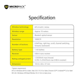 Micropack Mp-730WT Bluetooth and Silent Wireless Mouse, Can connect to 2 devices simultaneously