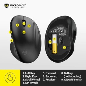 Micropack MP-V01W Silent, 1600Dpi, Ergonomic Wireless Mouse, Maximum Comfort Reduce palm fatigue when use for long time Black