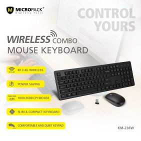 Micropack KM-236W Elegant Wireless Combo Keyboard & Mouse, Ultra Slim, Durable Structure & Stable Performance Black