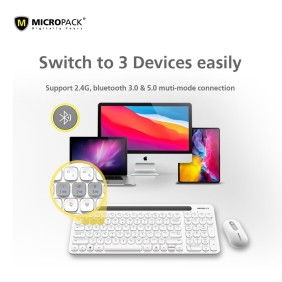 Micropack KM-238W Bluetooth and Wireless Combo Keyboard & Mouse, Can connect to 3 devices simultaneously White