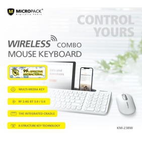 Micropack KM-238W Bluetooth and Wireless Combo Keyboard & Mouse, Can connect to 3 devices simultaneously Pink