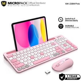 Micropack KM-238W Bluetooth and Wireless Combo Keyboard & Mouse, Can connect to 3 devices simultaneously Pink