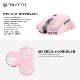 Fantech VX7 CRYPTO, Advanced Sensor 8000DPI, RGB Lighting, Wired Gaming Mouse (Pink)