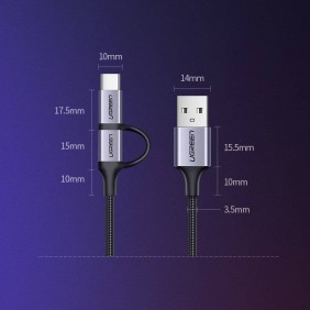 UGREEN 2 IN 1 USB-A to Micro-USB + USB-C Braided Cable & Aluminum Body, Fast Charge 1M - US177 30875