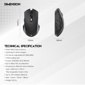 Fantech WG12R RAIGOR III, Rechargeable Wireless Gaming Mouse with Built-in Battery