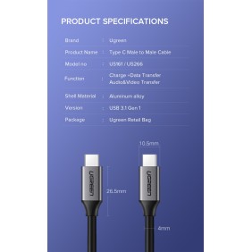 UGREEN USB-C 3.1 GEN1 Male to Male Cable support 4K@60Hz, 5Gbps, 60W, 1.5M - US161 50751