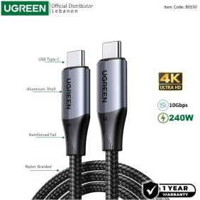 UGREEN USB-C 3.1 GEN2 Male to Male Cable support 4K@60Hz, 10Gbps, 240W, 1M - US355 80150