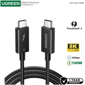 UGREEN Intel Certified Thunderbolt 4 Male to Male Cable Support 8K@60hz, 40Gbps, 100W, 0.8M - US501 30389