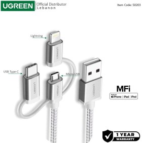 UGREEN 3 in1 USB-A to Lightning + USB-C + Micro-USB Braided Cable & Aluminum Body, MFI Apple Certified, 1.5M - US186 50203