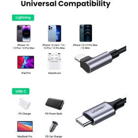 UGREEN USB-C to Angled Lightning Braided Cable & Aluminum Body, MFI Apple Certified, Fast Charging, 2M - US305 60765