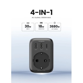 UGREEN 30W 4 in 1 Wall Outlet Extender, 3 Ports, Smart & Fast Charger for Phones, Tablets & Ipads - CD314 90613