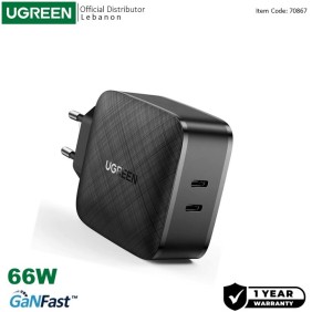 UGREEN 66W GaN Tech Chip, Dual USB-C Charger for Phones, Tablets, Ipads, Laptops & MacBooks - CD216 70867