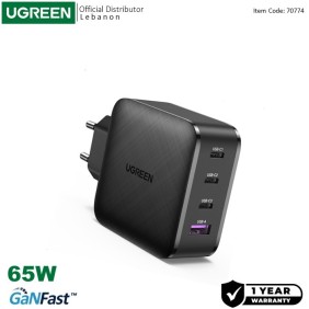 UGREEN 65W GaN Tech Chip, 4 Ports Charger for Phones, Tablets, Ipads, Laptops & MacBooks - CD224 70774