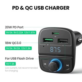 UGREEN 31.5W PD Fast Car Charger with FM & Bluetooth Transmitter + USB MP3 & TF Slot Reader - CD229 80910