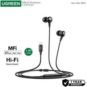 UGREEN MFI certified lightning Wired Earphones with Microphone, Noise Isolation, Powerful Bass - EP103 30631