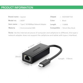 UGREEN USB-C to Ethernet Adapter - RJ45, 10/100Mbps - 30287