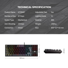 Fantech SUMI Edition MK876V2 - ATOM87, Pro Wired Mechanical Keyboard with RGB Lighting Gray