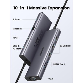 UGREEN 10-in-1 USB-C HUB Docking Station 4k HDMI + 3xUSB + SD/TF + VGA +  RJ45 + Aux + USB-C PD Port - CM498 15601