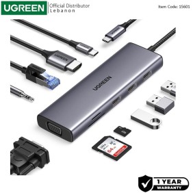 UGREEN 10-in-1 USB-C HUB Docking Station 4k HDMI + 3xUSB + SD/TF + VGA +  RJ45 + Aux + USB-C PD Port - CM498 15601