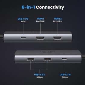 UGREEN REVODOK Dual Display 6-in-1USB-C HUB Docking Station Adapter, 2x USB+ USB-C + 2x HDMI + USB-C PD Port - CM498 15852