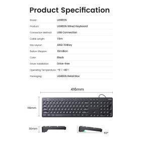 UGREEN USB Wired Keyboard, Durable and Comfort Design, for Windows & Mac - KU004 90875