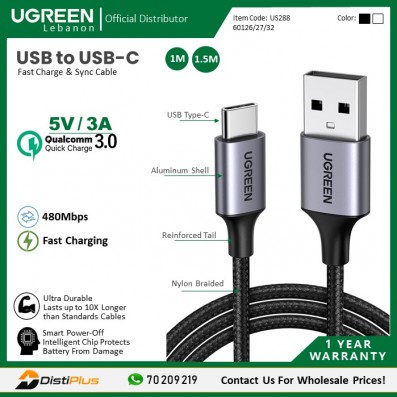 USB to USB-C 5V/3A Fast Charge & Data Cable - Nylon Braided & Aluminum Body UGREEN US288 - 60126 - 60127