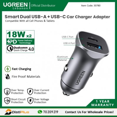 Aluminum 18W PD Fast Car Charger Dual Port USB-C & USB-A  For Phone and Tablet UGREEN CD130 - 30780