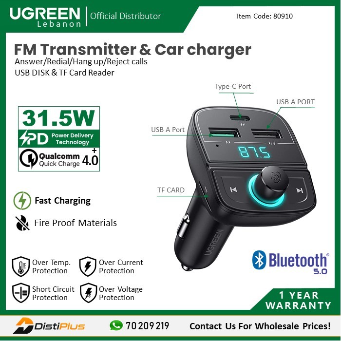 Cargador UGREEN P/auto USB-C, USB-A transmisor FM Bluetooth (80910) -  Mesajil