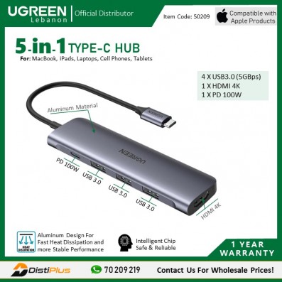5-in-1 USB-C HUB Docking Station Adapter (4k HDMI + 3*USB3.0 + USB-C PD100W) Ugreen CM136-50209