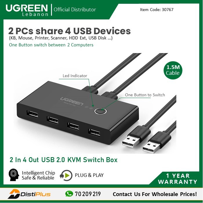 In 4 Out USB 2.0 KVM Switch Box (2 PCs share 4 USB Devices) Ugreen US216