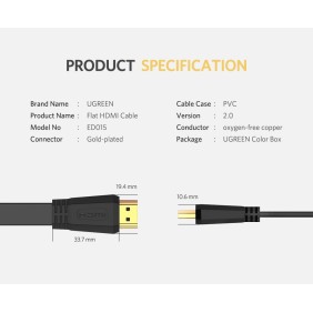 UGREEN 4K HDMI 2.0 Male to Male, Flat Cable more flexible, Fast connection, Available in 1.5M, 3M, 5M - ED015 50819 50820 50821