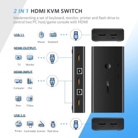 UGREEN 4K 2Ports HDMI KVM Switch Box, Control 2 PC’s Sharing Single Monitor and 4 USB-A Port - CM200 50744